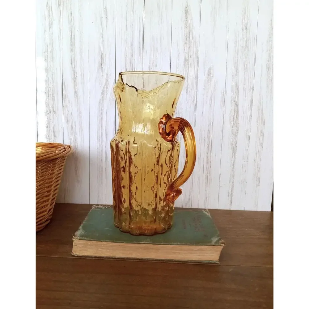 Vintage Amber Ribbed Glass Pitcher - Picture 2 of 8